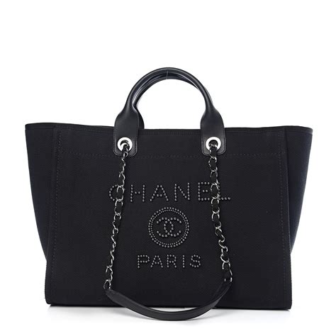 chanel deauville pearl canvas tote bag black|Chanel canvas large tote.